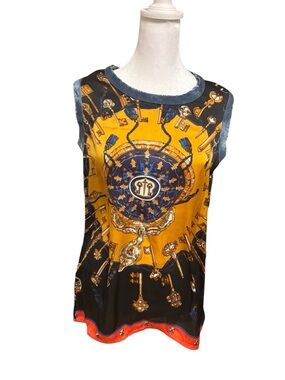 MayliLeila scarf print sleeveless top denim trim